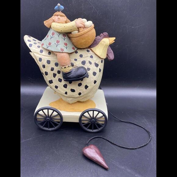 Williraye Studios Folk Art ~ 7" EGG HUNT Pull Toy (Girl on Chicken) ~  WW7502 - Picture 1 of 9